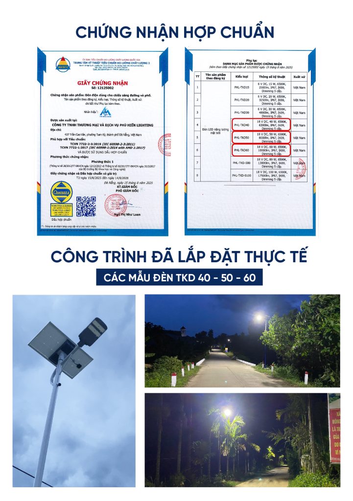 Chung nhan hop chuan den duong nang luong mat troi TKD 40 TKD 50 TKD 60 Phu Hien Lighting